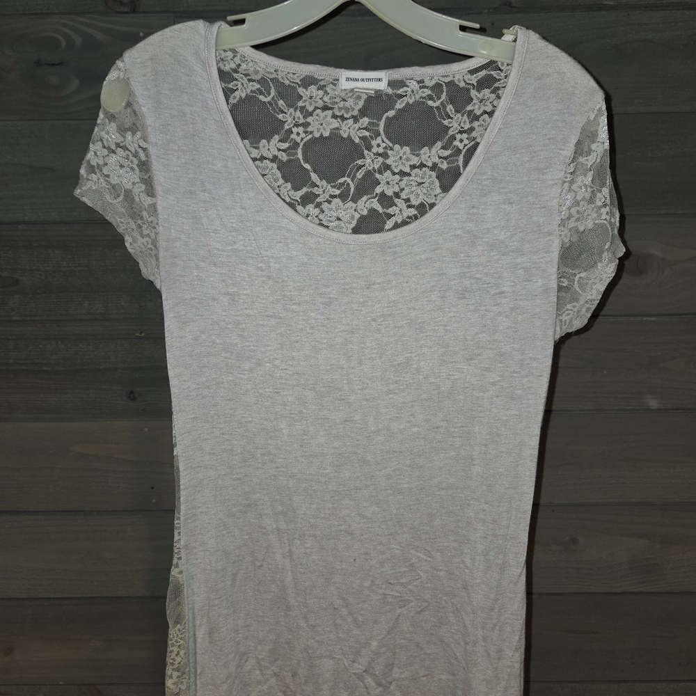 Zenana Outfitters Lace Sleeve Blouse in Light Gray